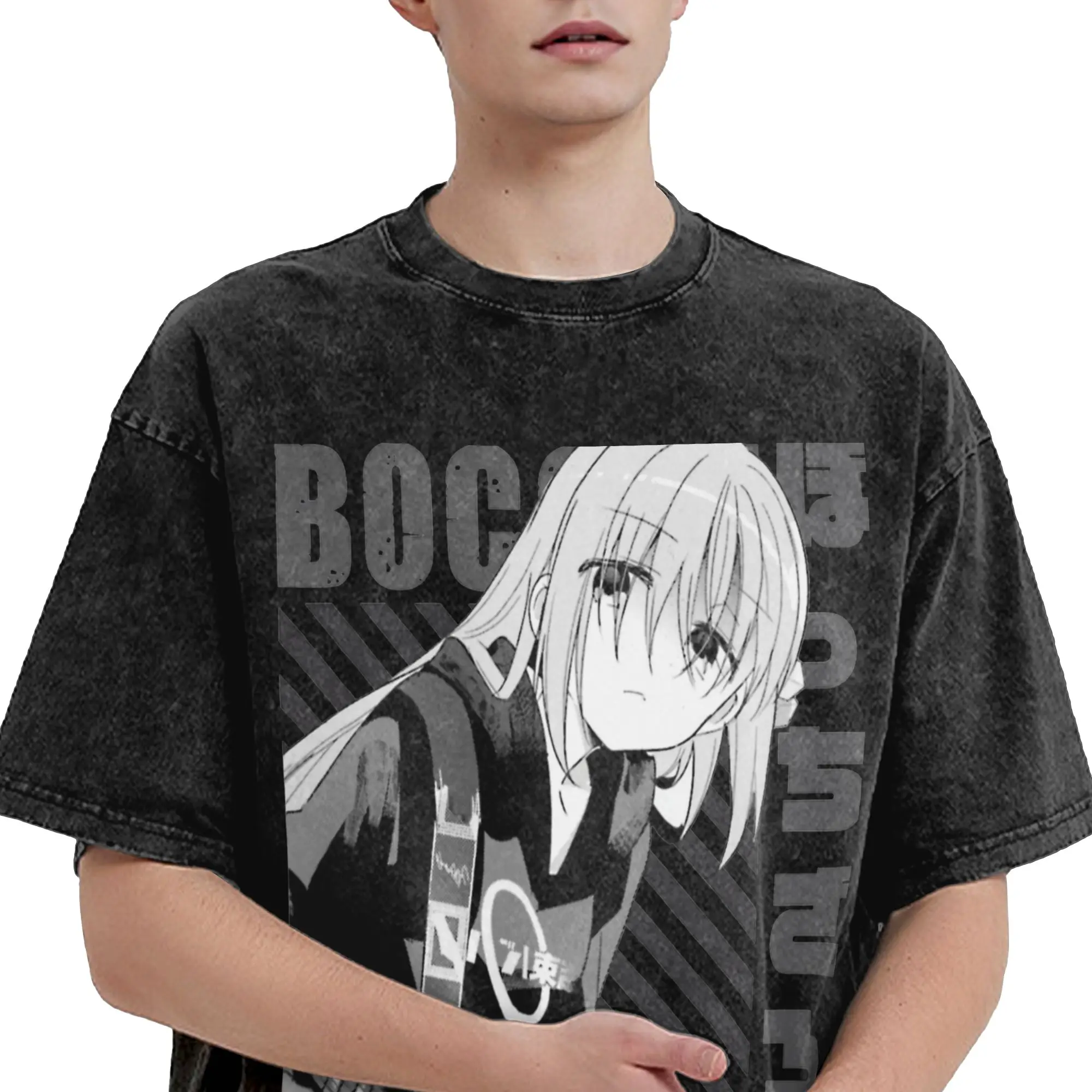 تي شيرت مغسول Bocchi the Rock Hitori Gotou الهيب هوب تي شيرت كبير الحجم أنيمي الشارع الشهير 100% قطن مطبوع بلايز تي شيرت الرجال