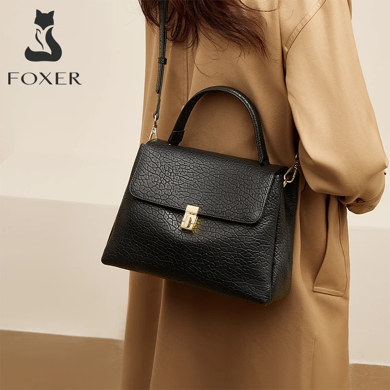 FOXER Female Lychee Pattern Tote High Quality Shoulder Crossbody Bag Lady Fashion Flap Messenger Bag Women Split Leather Handbag