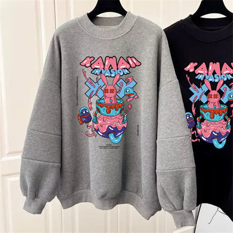 Sweat-shirt à col rond en velours épais pour femme, tendance nationale, lapin, nouvelle veste ample mi-longue, automne hiver