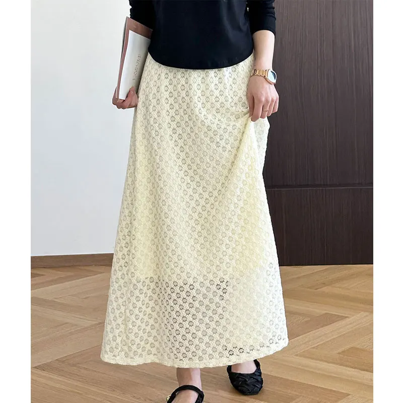 2024 New Arrival Women Lace Skirts Stretch High Waist Women Spring Summer Two Layer A-Line Long Skirts Faldas Femme Streetwear