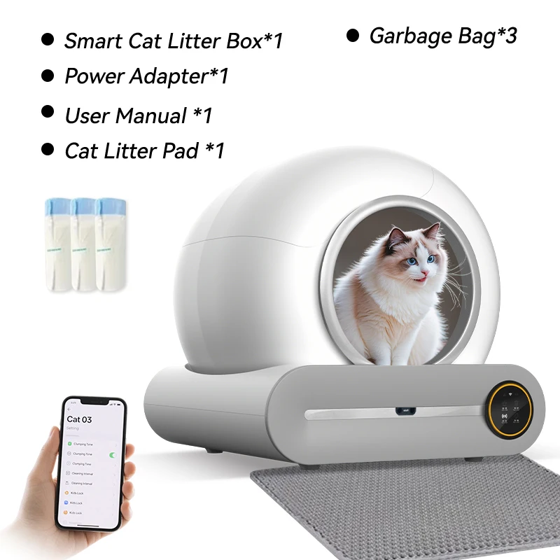 Slimme kattenbak Automatisch zelfreinigend 65L Grote capaciteit APP-bediening Semi-gesloten kattentoilet Engelse versie + EU-stekker - afbeelding 1