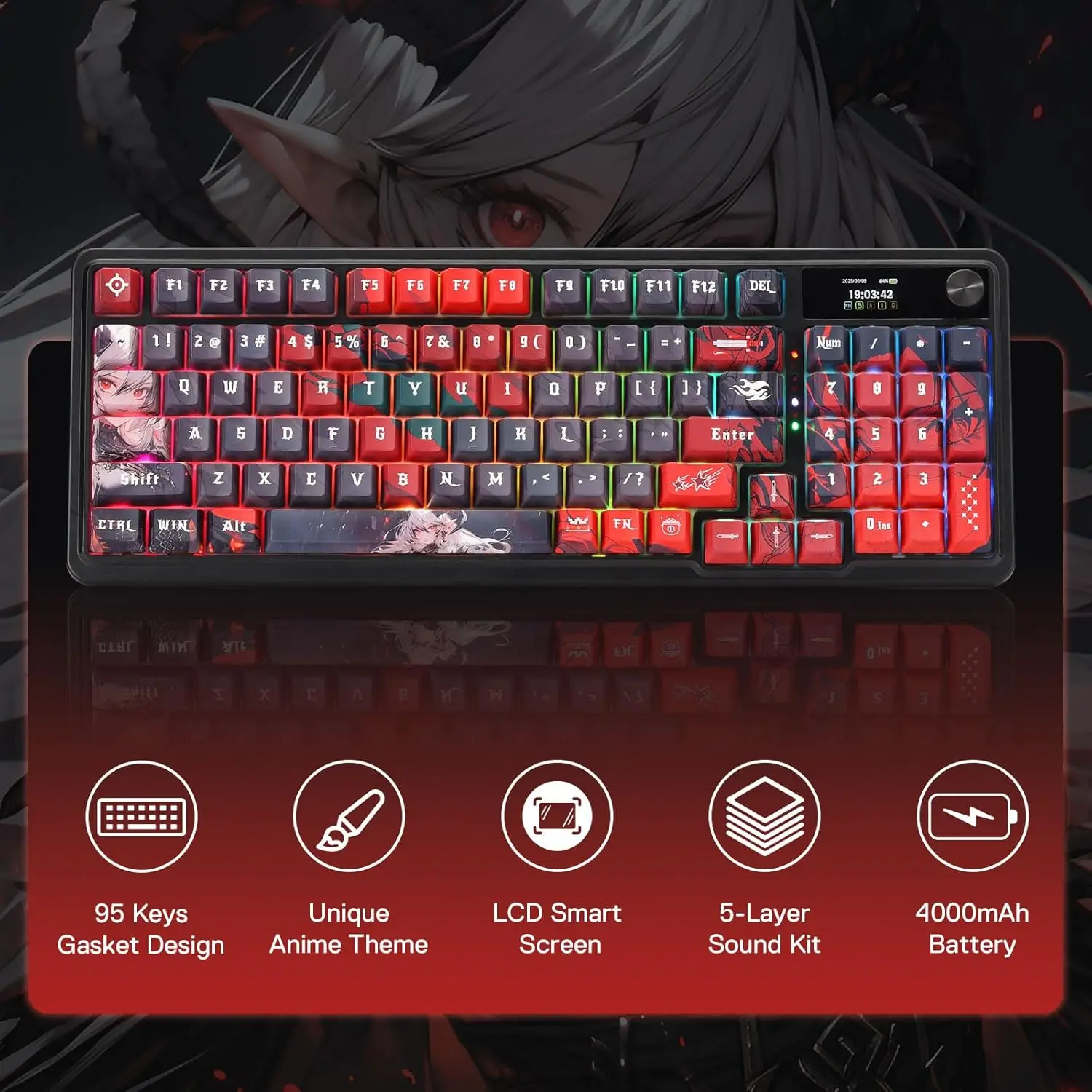 Redragon K719 PRO Wireless Gasket Gaming Hype Screen & Knob, 95 Keys Mechanical Keyboard,Easy-Control 1.14’’ TFT Info Display