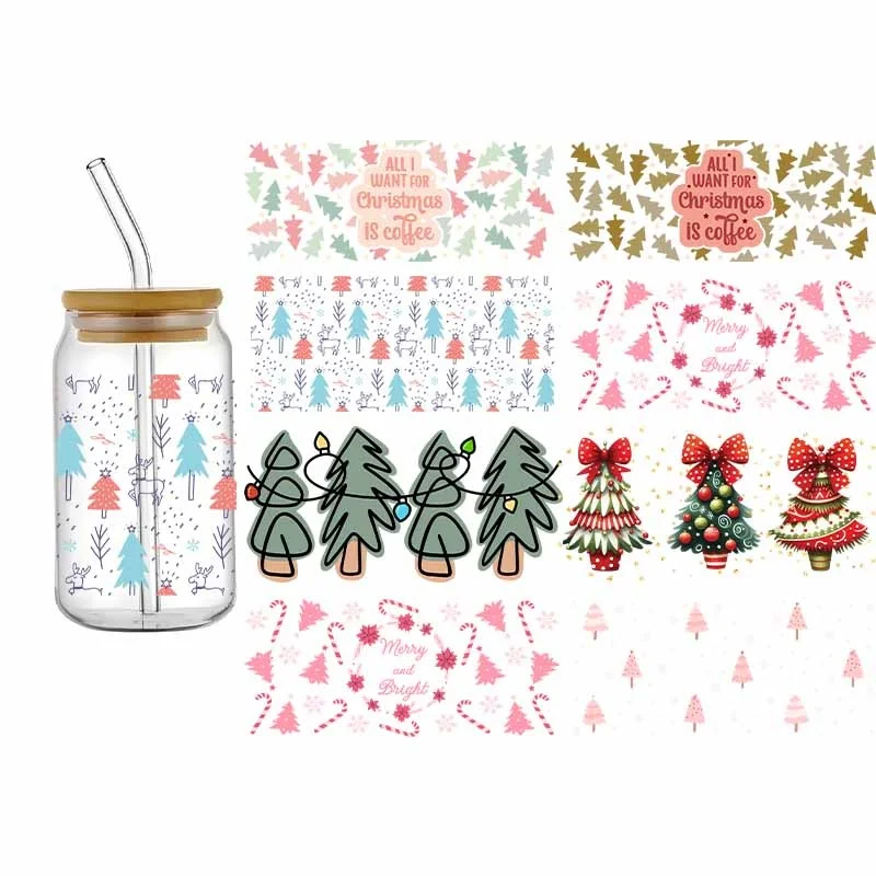 Colorful Chrismas Tree Design Series Cartoon Cute Waterproof DIY Decals 3D Transfers UV DTF Sticker 16oz UV DTF Cup Wraps for Gl
