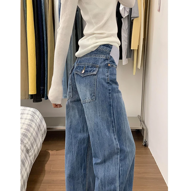 

Korean-style Slimming Retro Blue Pocket Maternity Washed Denim Jeans Clothes for Pregnant Women Adjustable Waist Pregnancy Pants