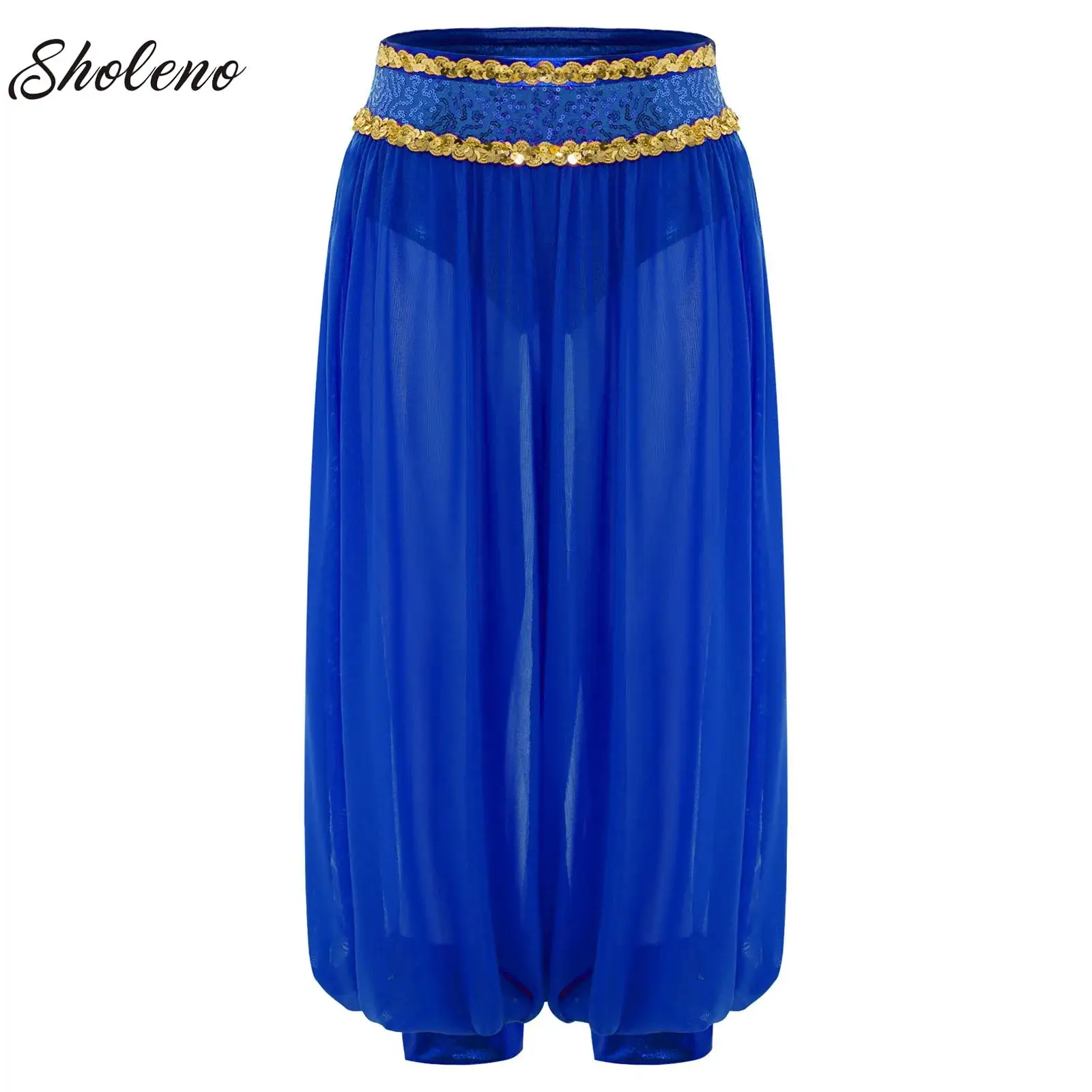

Kids Girls Belly Dance Harem Pants Halloween Carnival Costume Sequin Sheer Trouser Tribal Arabic Dance Performance Loose Pants