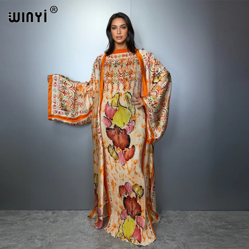 

WINYI new beach Pleated slim dress and coat two-piece suit for women fashion boho woman dresses Floor Length vacation kimono
