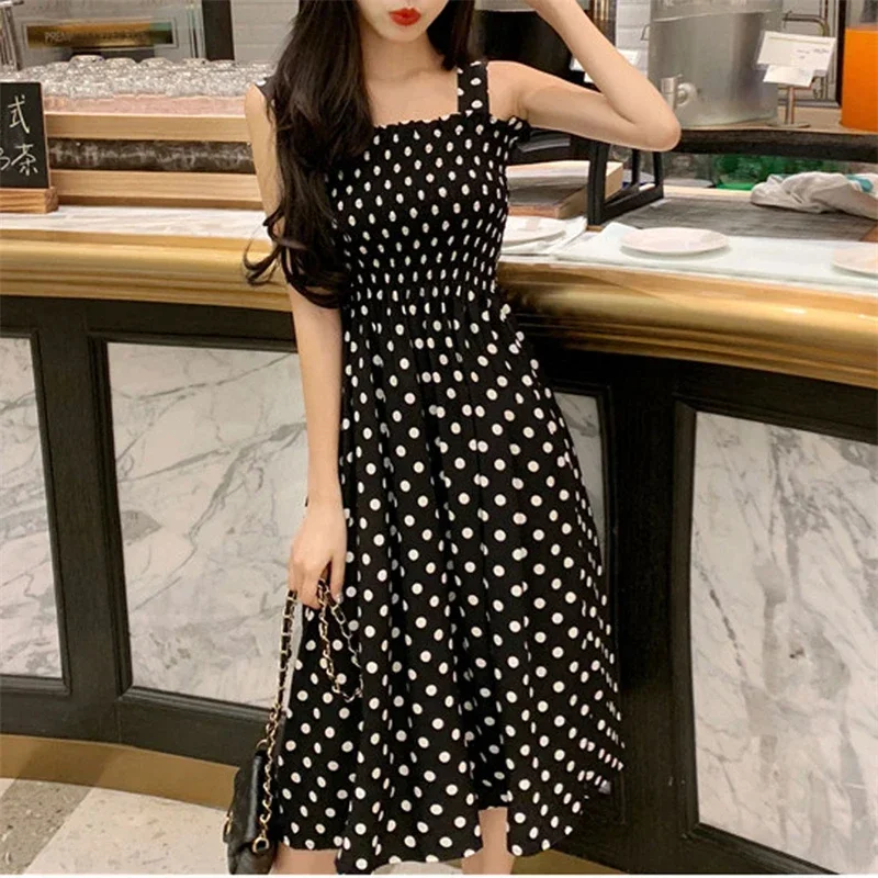 Damen Sommer Polka Dot Chiffon Langes Kleid Elegantes Quadratischer Ausschnitt Ärmelloses Kleid Lässige Damenkleider – Detail 19
