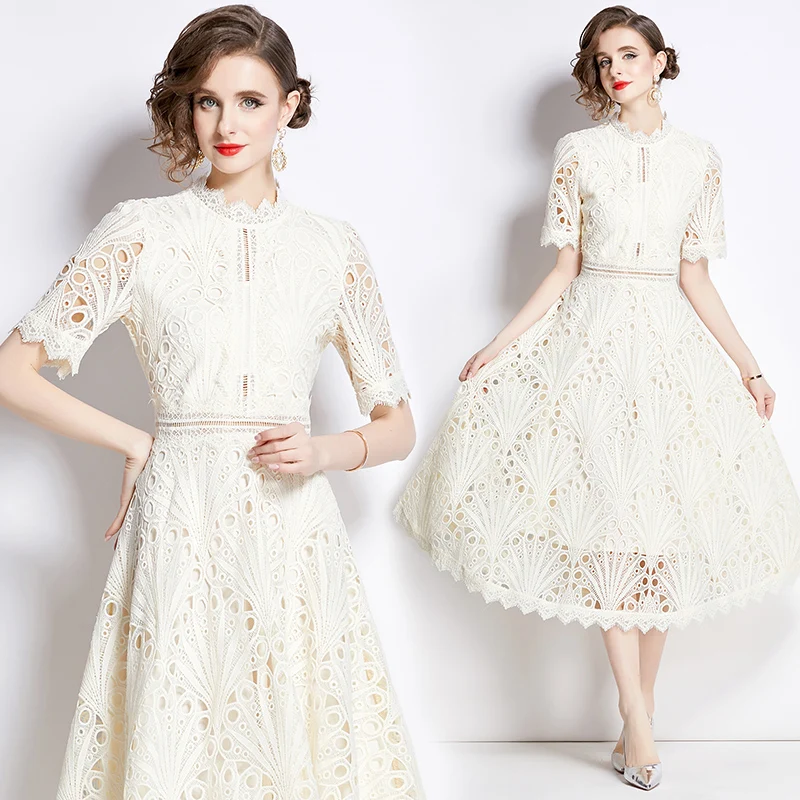 JAMERARY Runway 2024 Summer White Lace Flower Embroidery Evening Prom Dress Women Short Sleeve Sexy Hollow Waist Long Vestidos