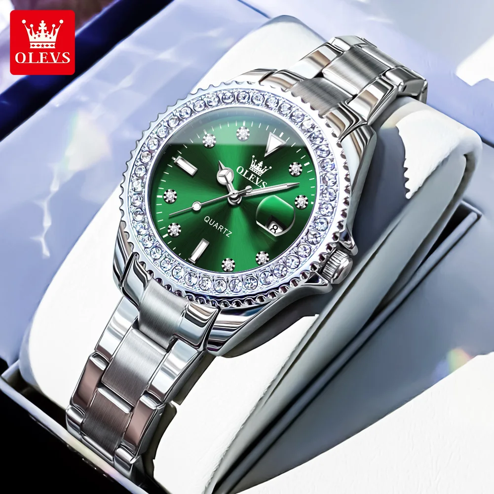 OLEVS jam tangan wanita, arloji 9945 Quartz skala zirkon tahan air konograf tanggal Reloj Mujer