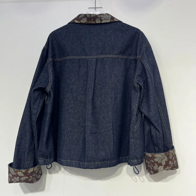 ANJY Spring Autumn New Women Vintage Floral Patchwork Collar Denim Jacket Stylish Drawstring Hem Loose Safari Style Coats A25215