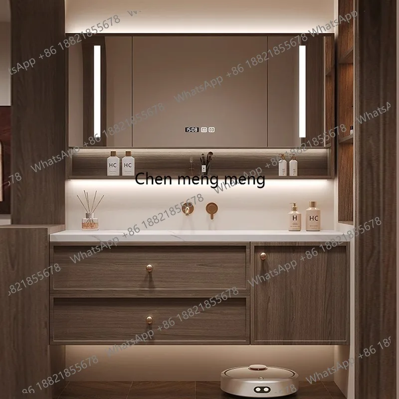 

Medieval style rock slab hot bending integrated basin bathroom cabinet combination solid wood bathroom washstand