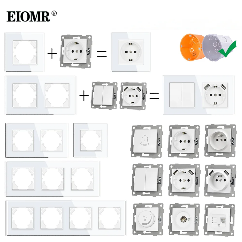 UE Tomada de alimentação padrão e interruptor, Interruptor de luz francês, Tomadas USB elétricas, TV, Módulo de soquete RJ45, DIY, branco, 16A, 220V