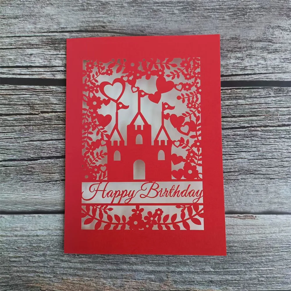 

10pcs Laser Cut Castle & Floral Design Happy Birthday Cards - Assorted Colors Quality Paper Holiday Gift Cards