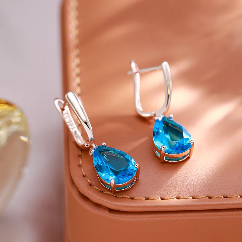 JULYDREAM Luxury Large Drop Shape Sea Blue Zircon Earrings 585 Gold Color Women Dangle Accessories Party Personality Jewelry