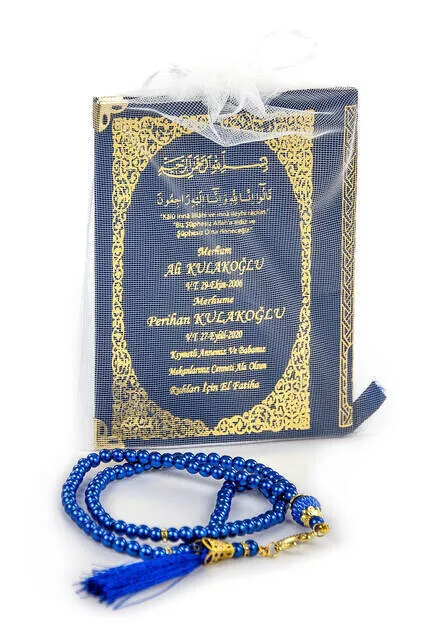 

Name Printed Hardlied Yasin Book - Bag Size-128 Pages - Pearl Rosary - Navy Color - Mevlit Gift