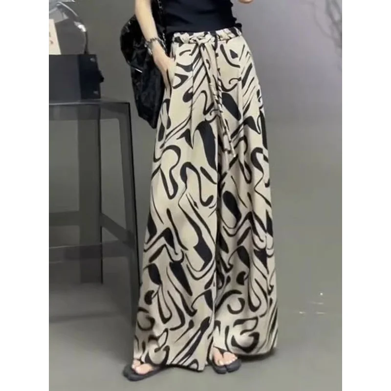 

Summer New Fashion Striped High Waist Wide Leg Pants Women Loose Casual Elastic Vintage Pockets Straight Trousers