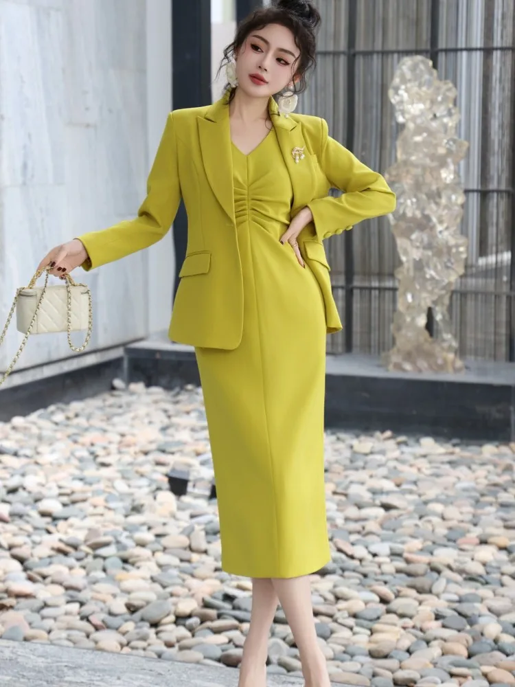Fashion Women Elegant Blazers Suit Slim Fit Single Button Jacket Outerwear V-Neck Sleeveless Fold Dress Workplace Two-Piece Set