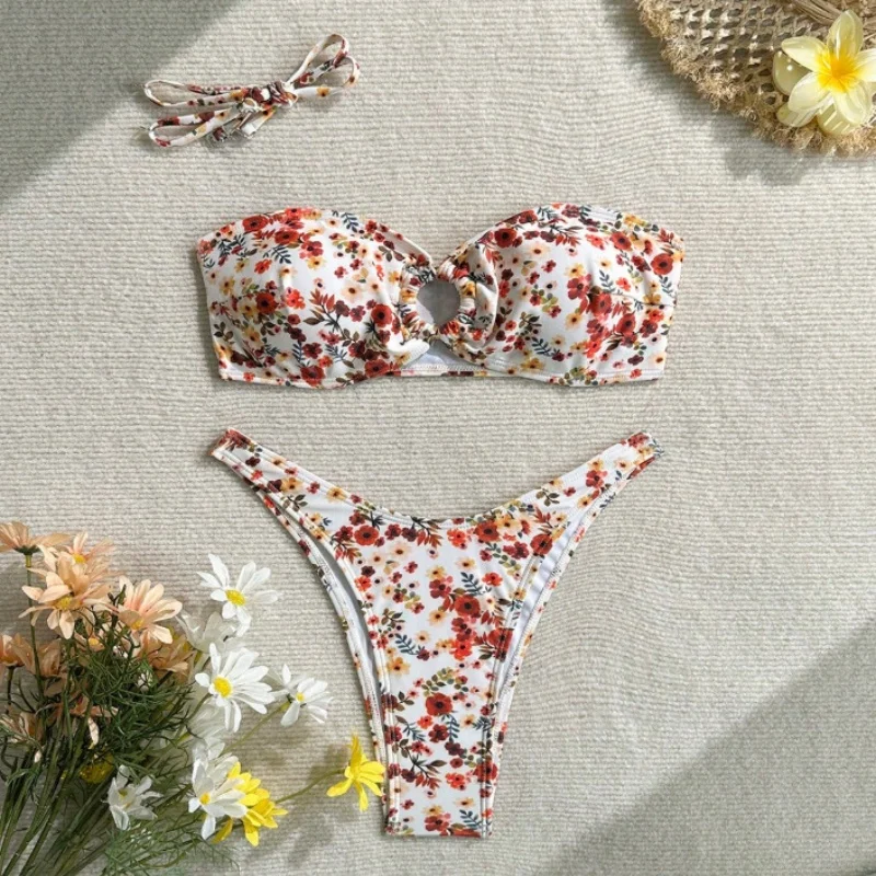 

Комплект бикини из двух частей с цветочным принтом, купальник с цветочным узором, бандо-бикини, женский купальник, размеры XS - L