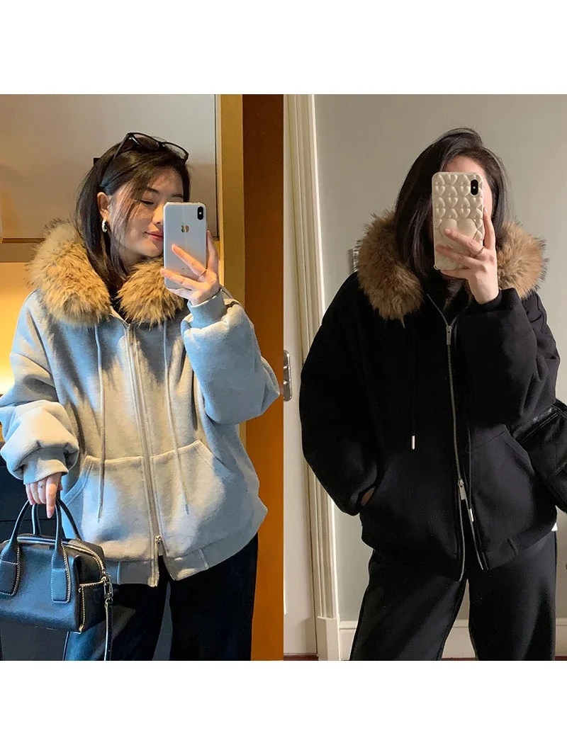 

Утепленная куртка с капюшоном, двойной молнией и меховым воротником, осенне-зимняя новинка, корейская версия, модная, универсальная, в стиле свитшота.