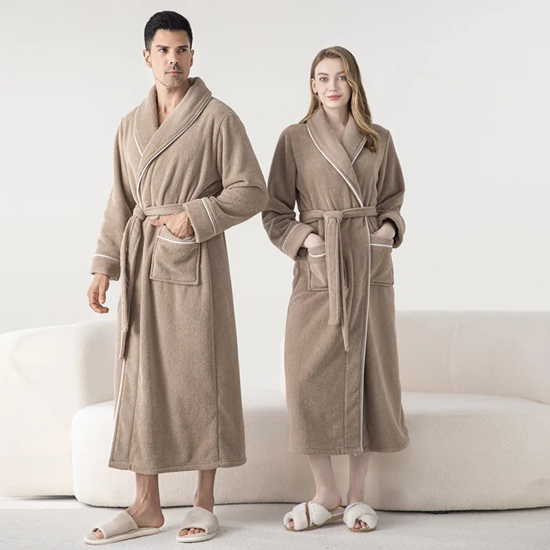 Casual Robe Men Couple Sleepwear Bathrobe Fleece Winter Night Wears Belt Warm Pajama One Piece Nightgown Solid Pocket Homewear