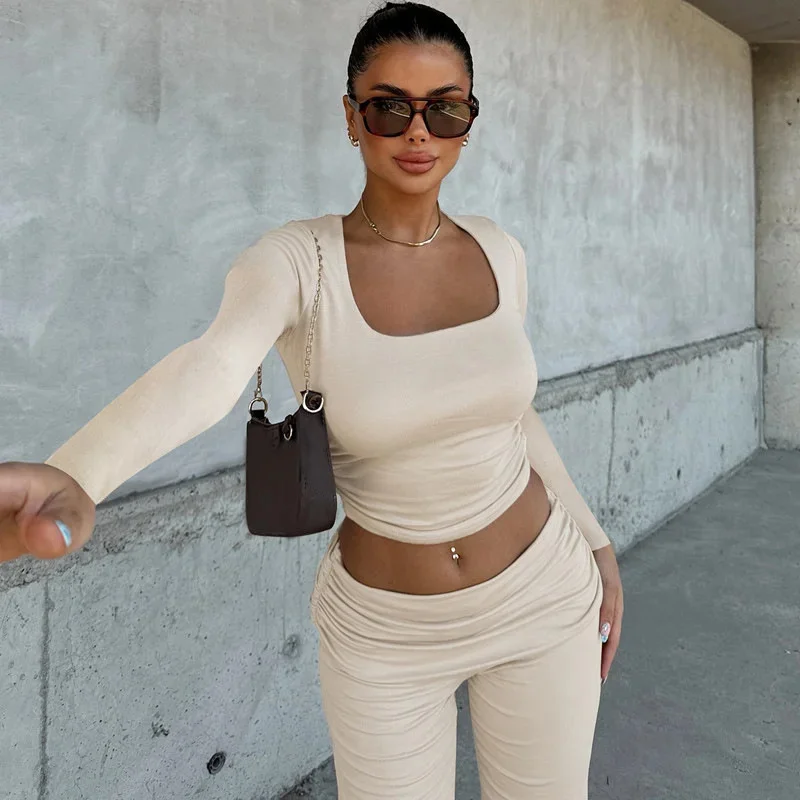 Autumn Women 2 Piece Sets Classic Basic 2024 New Full Sleeve U-neck Crop Tees High Waist And Slim Pants Female Matching Suits