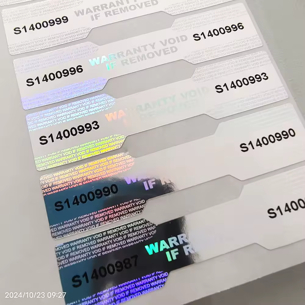 100 Stück 48 x 11 mm silberne Hologramm-Sicherheitssiegel mit einzigartiger Seriennummer VOID Left On Removal Dogbone Tamper Evident Label Sticker