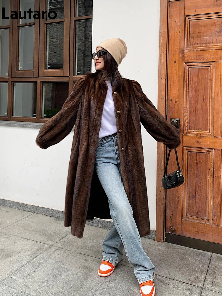 Lautaro Winter Long Brown Thick Warm Soft Faux Mink Fur Coat Women Puff Sleeve Elegant Luxury Chic Fluffy Furry Overcoat 2023