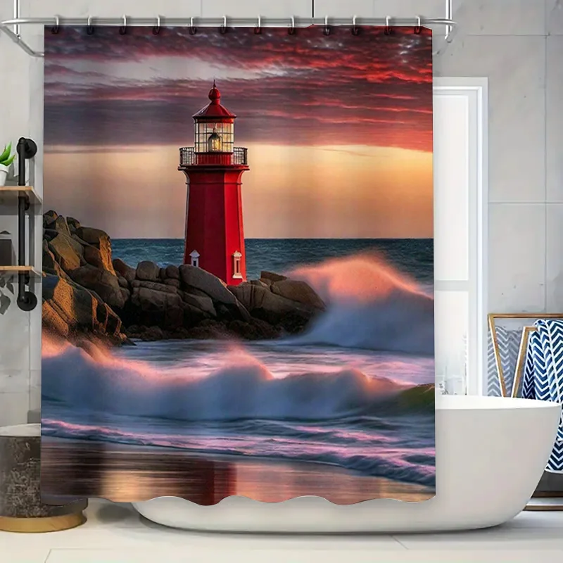 

Приморский шарм, красная занавеска для душа в маяке, эффектные закаты, океанские волны, идеально подходит для пляжных домов или прибрежного декора