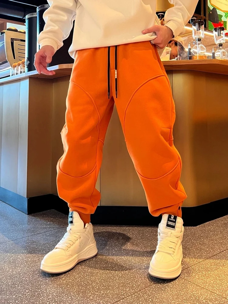 

Winter Thiened Fce Casual Pants Loose Fit Trousers Elastic Waist Patchwork Design Comfortable Harlan Sweatpants