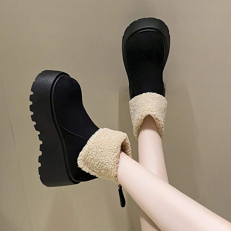 Fur Platform Women's Snow Ankle Boots Cropped Suede Plush Mid Heel Cotton Shoes 2024 Trends WarmCasual Winter New Botas De Mujer