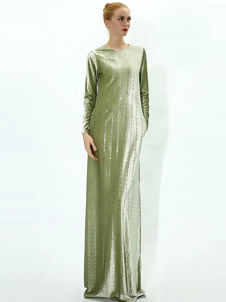 Autumn Winter Velvet Muslim Dress for Women Abaya Sequins Elegant Morocco Party Dress Kaftan Arabic Long Robe Thick Vestidos