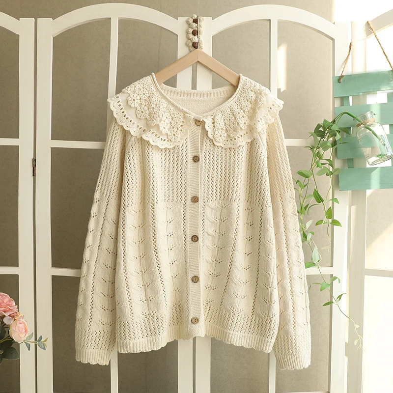 Autumn Sweet Double-layer Collar Hollow Out Embroidered Sweater Women Long Sleeve Single Breasted Knitted Sweater