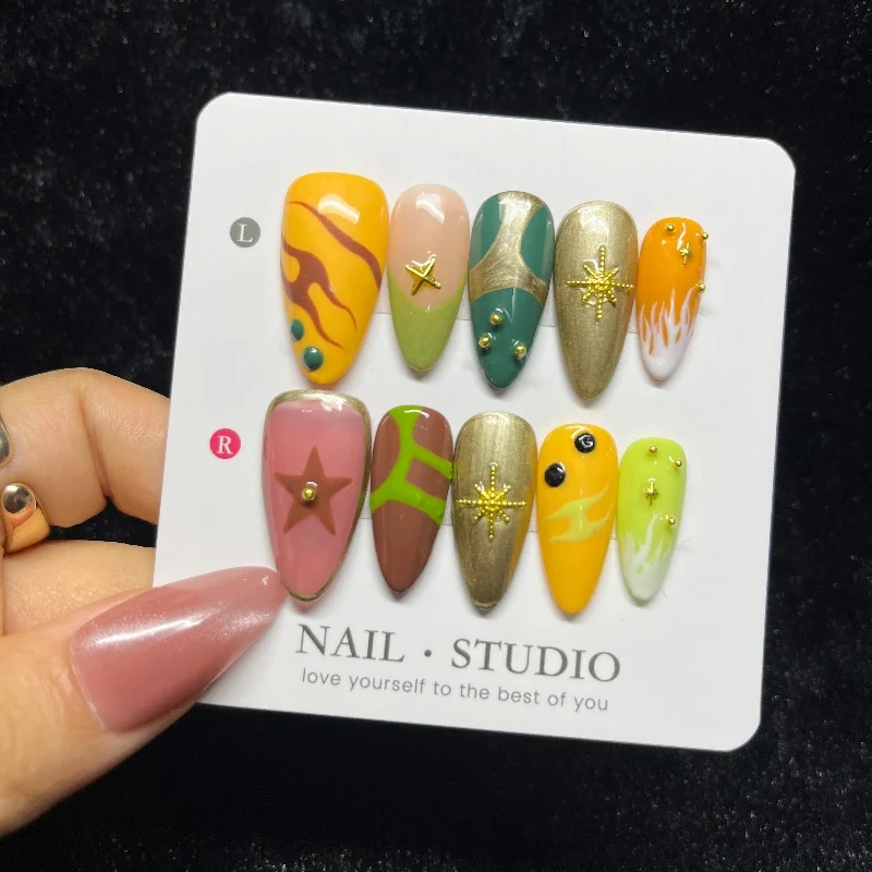 10 قطعة اللوز البرتقالي النابض بالحياة اليدوية الصحافة على الأظافر لامعة الذهبي ستار الأخضر المشارب الفرنسية الأظافر وهمية للفتيات الساخن الرجعية الأظافر