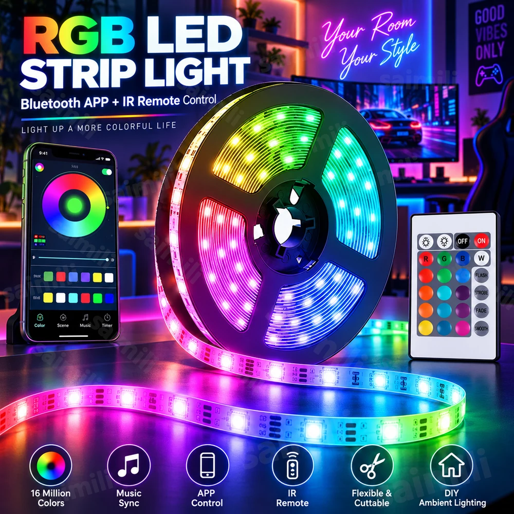 1-30M RGB LED Strip USB Bluetooth APP 24Key Remote Music Sync 16M Colors For TV Backlight Bedroom Gaming Room Home Ambient Decor