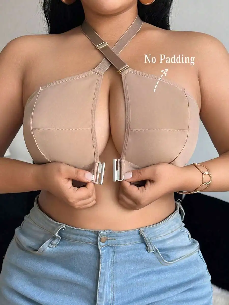 

Plus Size Front Closure Wireless Comfort Halter Bra High Stretch Seamless Breathable Removable Pads Daily Lingerie
