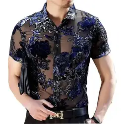 Luxury Silk Lelvet 2022 Brand New Floral Shirt Short Sleeve See Through Shirt Camisa Masculina Sexy Lace Shirt Chemise Homme 4xl
