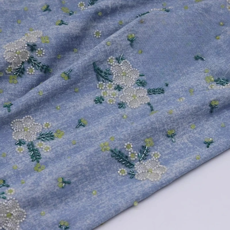 

Floral Beaded Embroidery Washed Denim Premium Fabric Spring Jeans Dresses Bags Sewing Accessories Wholesale Designer Material