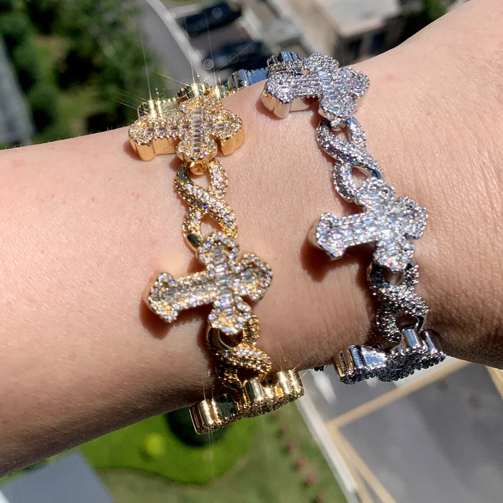 2025 New Men Boy Hip Hop Jewelry Iced Out Bling 5A CZ Multi Cross Charm X Shape Cuban Chain Charm Bracelet Gifts