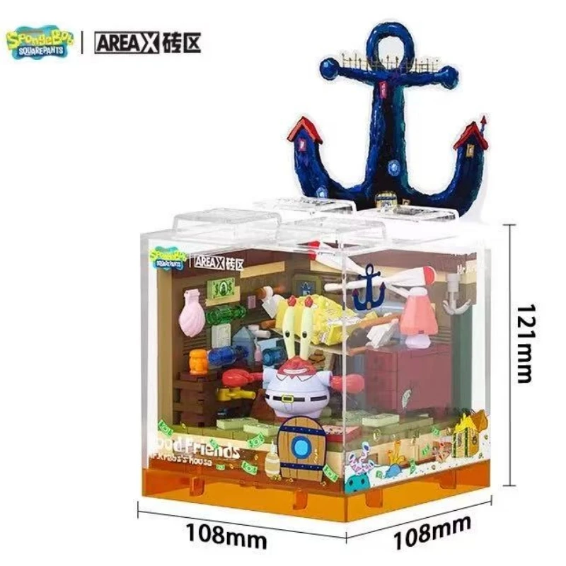 Kotak Asli DIY Anime SpongeBob SquarePants Rakitan Blok Bangunan Model Figur Mainan Krusty Krab Anchor House Hadiah Anak-anak