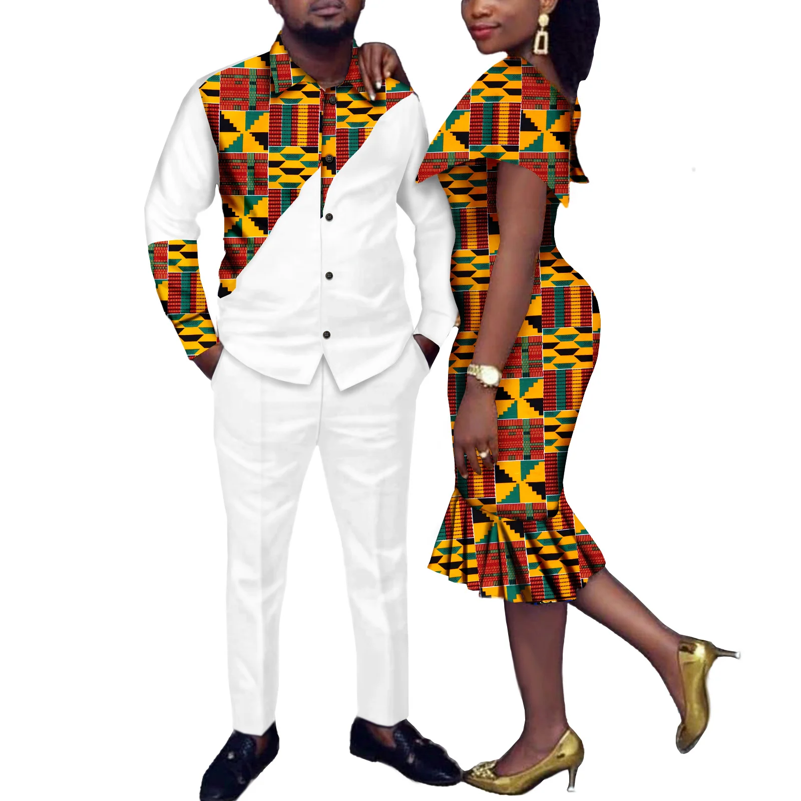 African Couples Women Print Wax Cotton Fashion Patchwork Hot Dress& Men 2 Pieces Shirt and Pants Sets