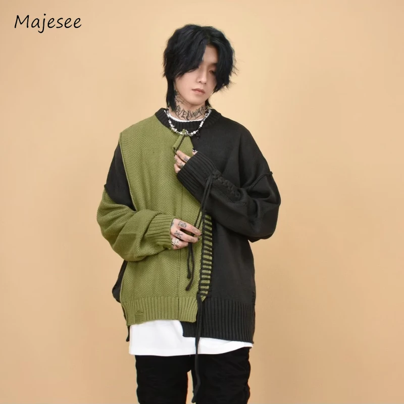 Patchwork Sweaters Men High Street Slouchy Prevalent American Style Panelled Suture Round Neck Spring Autumn Teens Pullovers