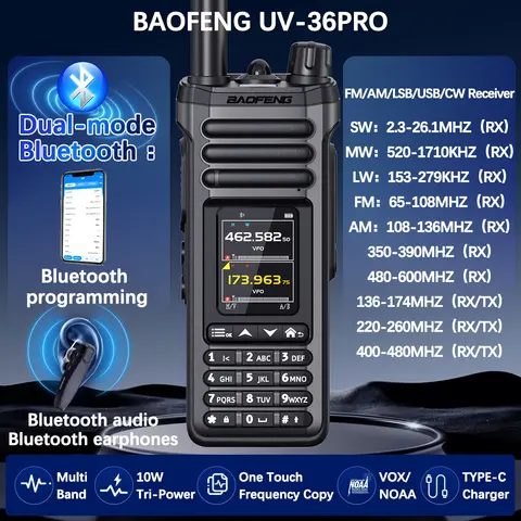 Baofeng UV-36 PRO Walkie Talkie 10W Bluetooth Audio&Programming Si4732 Multi-Band AM/FM Long Range Upgraded UV-32 Ham Radio