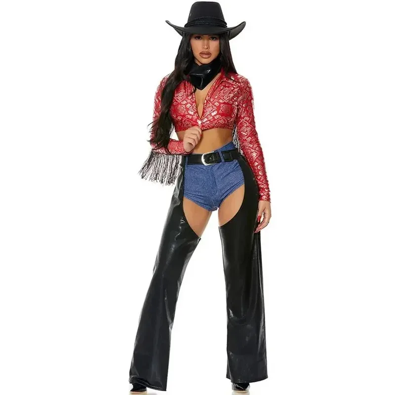 Kostum Koboi Pesta Halloween untuk Wanita Dewasa Kostum Karnaval Seragam Cosplay Koboi Barat Cowgirl Seksi Gotik