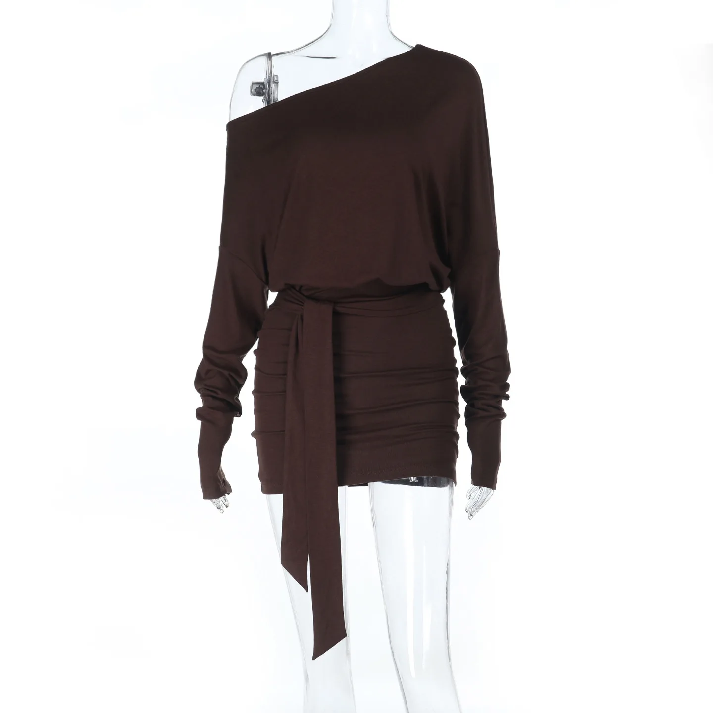 الحد الأدنى طويلة الأكمام البني Bodycon فستان قصير مربوط غير المتماثلة طوق خارج الكتف مثير أنيق الخريف العصرية ملابس نسائية