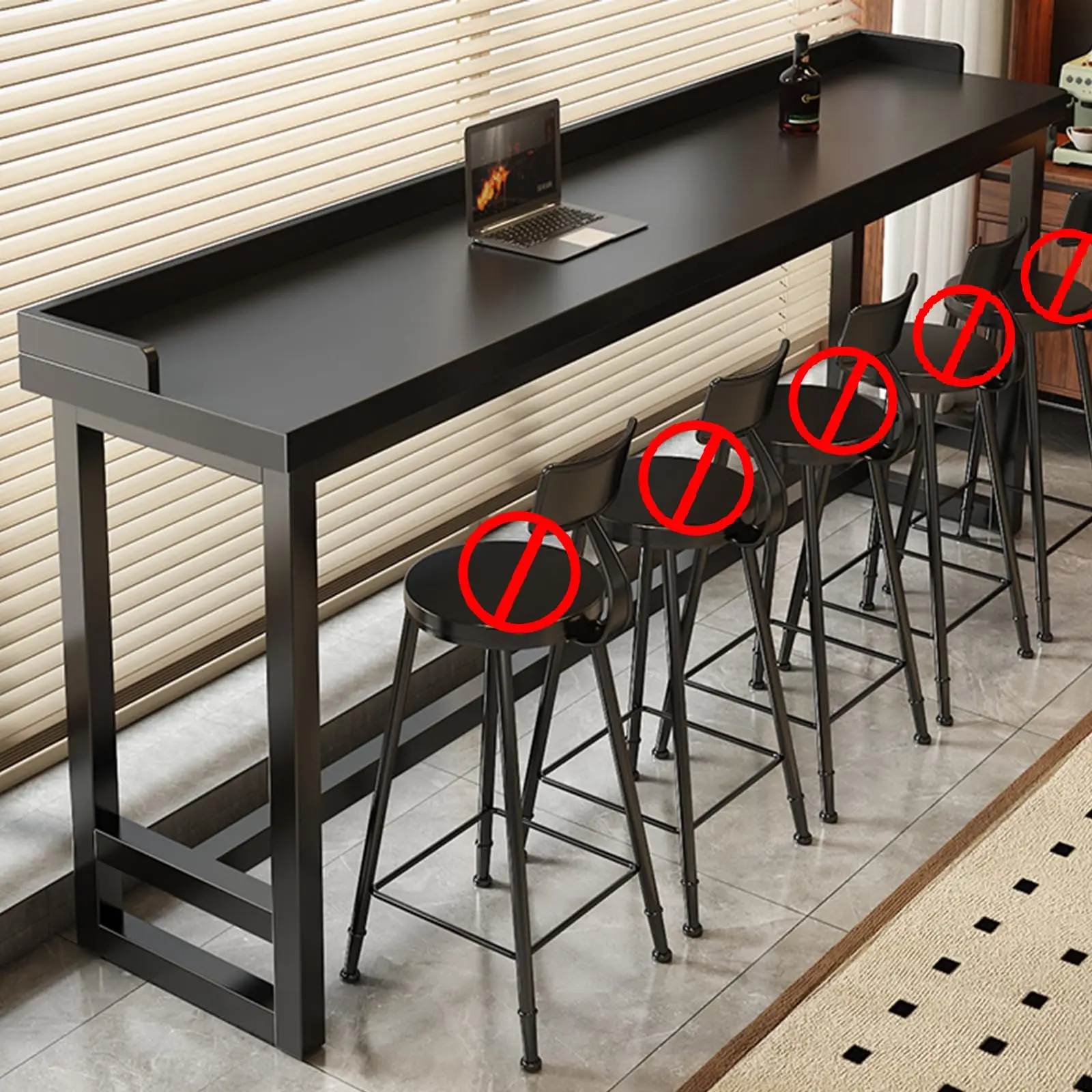 Tall Bar Height Dining Table for Kitchen or Cafe, Long Narrow Pub Counter with Metal Frame, High Top Breakfast Table