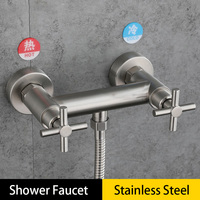 Shower Faucet G1/2 Stainless Steel Triple Bathtub Tap Double Cross Handles Hot Cold Water Mixer Wall Mount Exposed Shower Valve