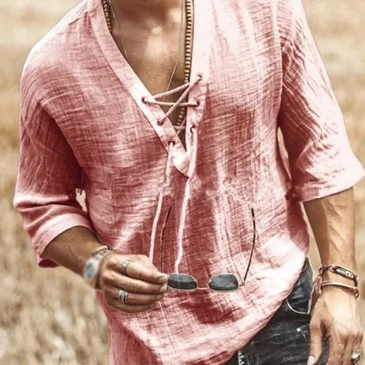 Vintage Men Medieval Long Sleeve Shirt Lace Up Blouse Collarless Classic V Neck Casual Loose Solid Color Tee T-Shirt Blouse Tops