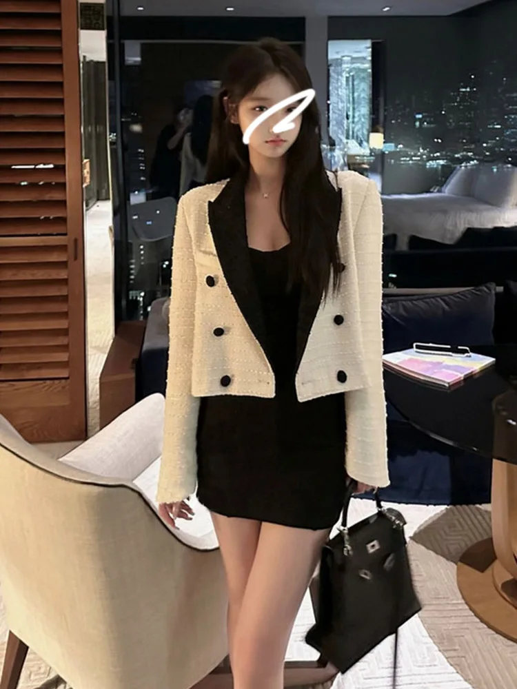 

French Elegant Small Fragrance Coarse Tweed Double breasted Suit Coat Women's Autumn Black White Contrast Casual Blazer Jacket