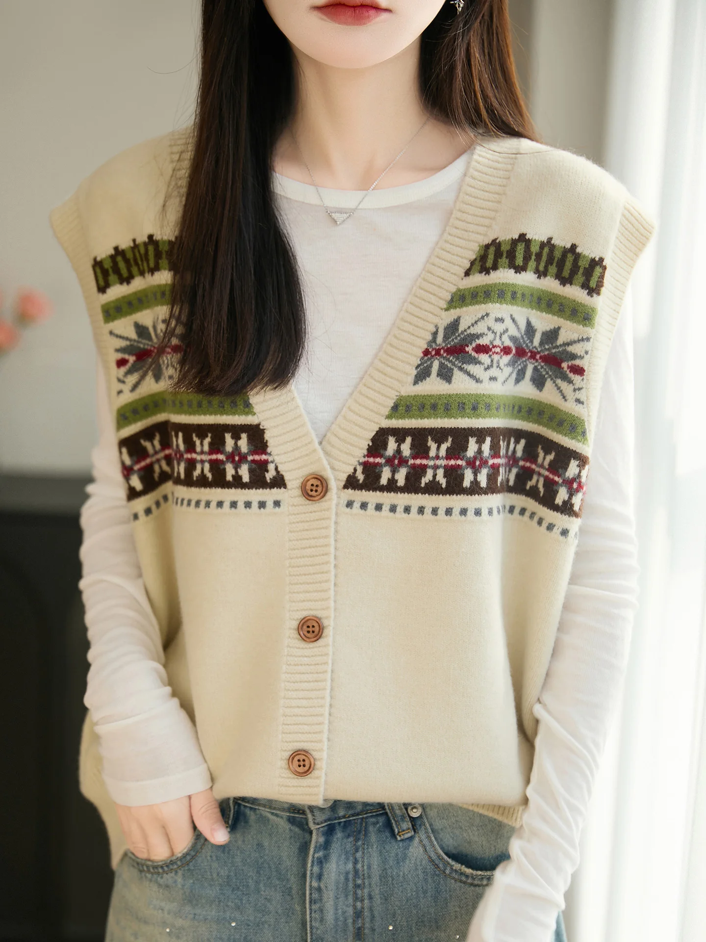 

plus Size Knitted ort Vest Top Women's Outerwear Spring Autumn High End Feeling Fair Isle Design Warmth V-Ne Button Sv...