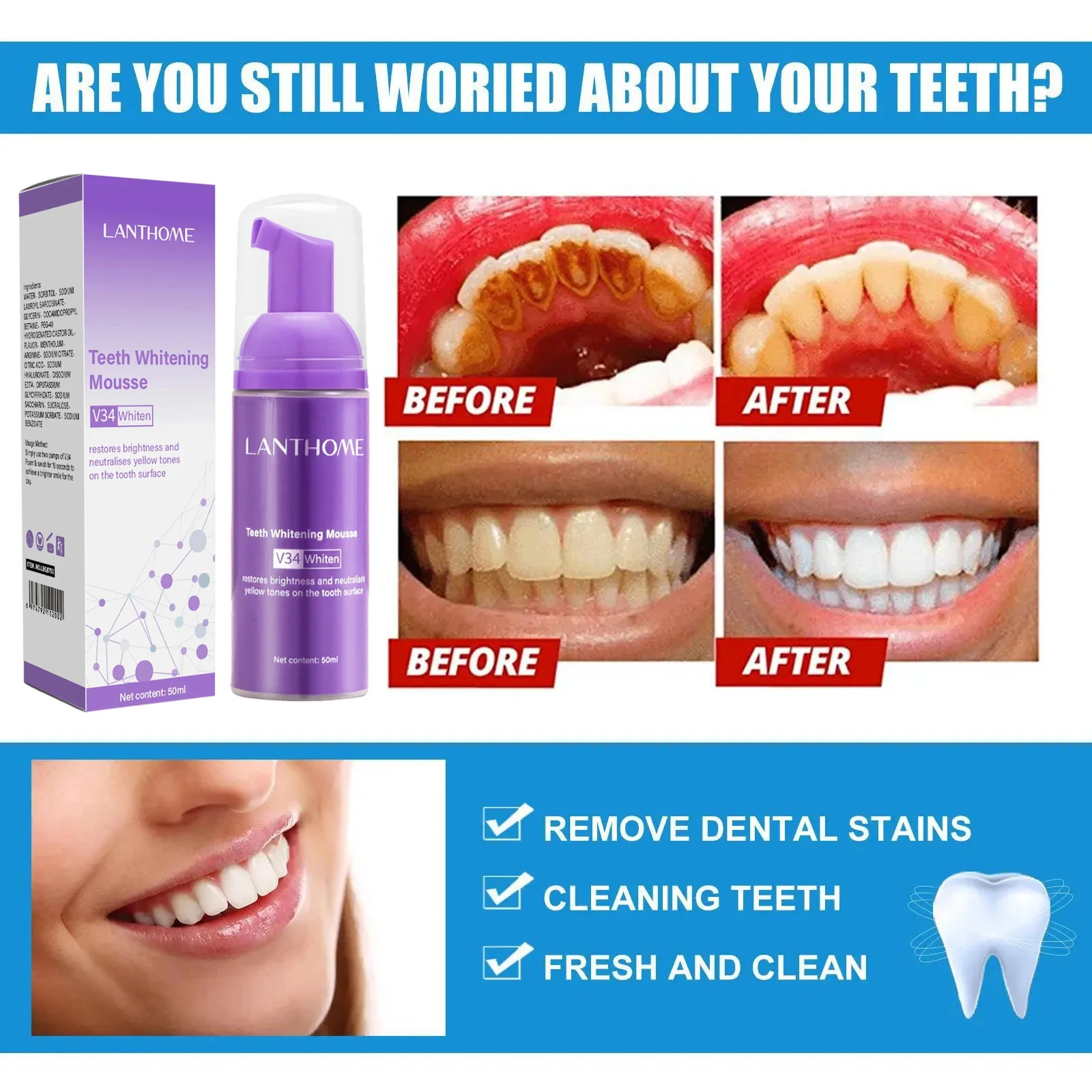 V34 Teeth Whitening Mousse Toothpaste Remove Plaque Stains Cleaning Oral Hygiene Bleaching Dental Tools Fresh Breath Tooth Care